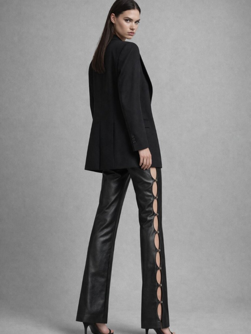Meshki Faux Leather Scallop Cutout Pants Metal Detail High Rise XS